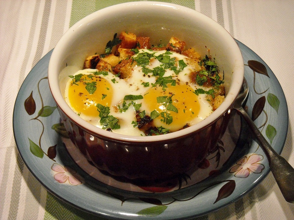 Diabetics Rejoice! Baked Eggs with Grilled Onions, Vegetables and Croutons