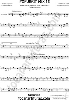  Partitura de Trombón y Bombardino Popurri Mix 13 La Cucaracha, Cumpleaños Feliz, El Patio de Mi Casa Sheet Music for Trombone and Euphonium Music Score
