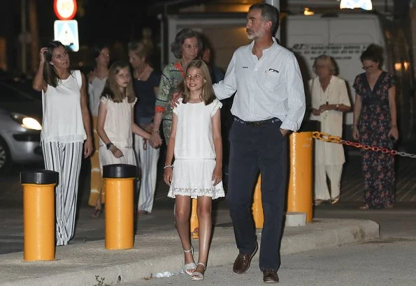 King Felipe, Queen Letizia, Infanta Sofia, Queen Sofia, Infanta Elena at a dinner in Palma. Princess Leonor and Sofia wore Mango Dress from 2015 collection