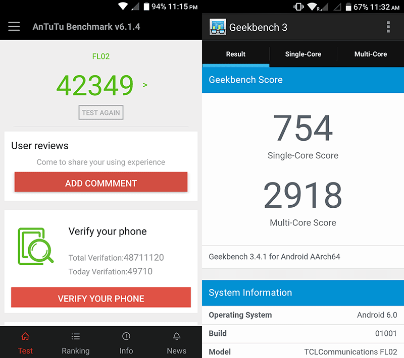 Antutu and geekbench scores