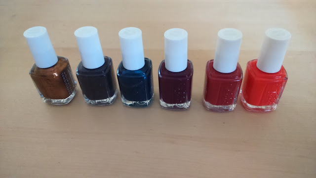 Essie Fall 2015 Collection, L-R:Leggy legend,Froc'n roll,Bell-Bottom Blues,In the lobby,With the band,Color binge