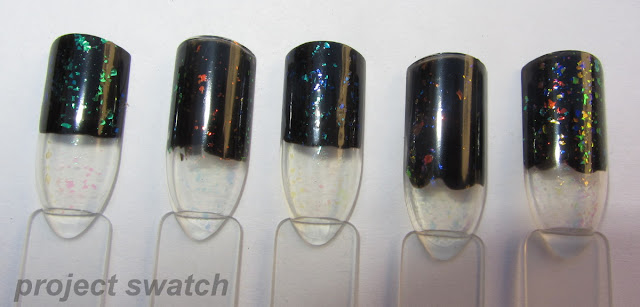 Finger Paints Flakies swatches: Flecked, Flashy, Motley, Asylum, Twisted