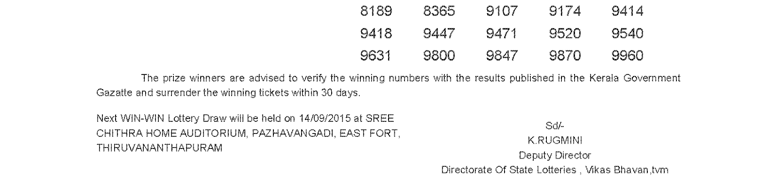 WIN WIN Lottery W 324 Result 7-9-2015
