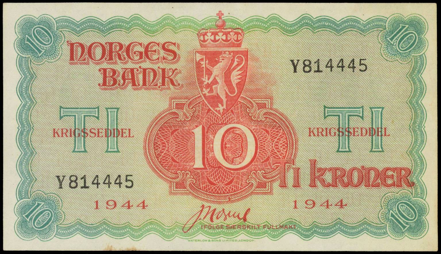 Norway 10 Kroner 1944 Norges Bank