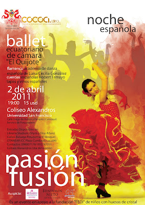 Pasión y Fusión "Noche Española", presentación obra "El Quijote", bailarines de flamenco, cuerdas, tapas españolas y vinos: 2 Abril, 19h00, campus USFQ