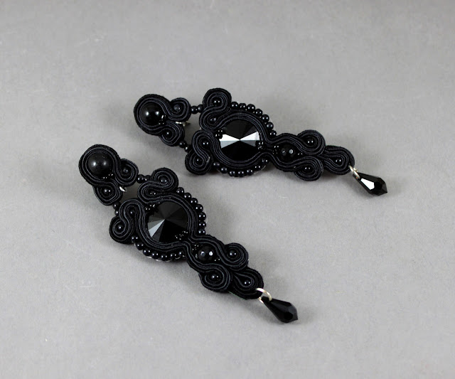 Elegant earrings, black soutache, jewelry, handmade, long drop earrings