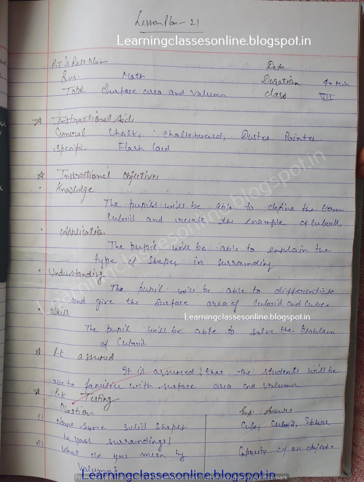 Maths Teaching Lesson Plan on Surface area and volume - How to write good math lesson plan ? Brief Lesson Plan In Mathematics Secondary,