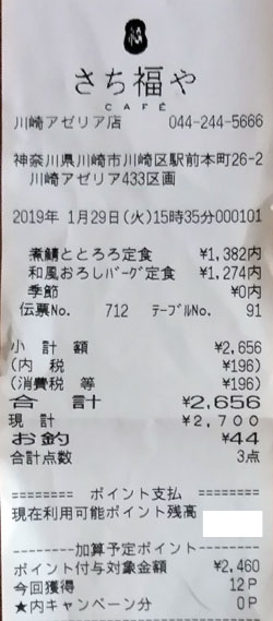 さち福や CAFE 川崎アゼリア店 2019/1/29飲食レシート