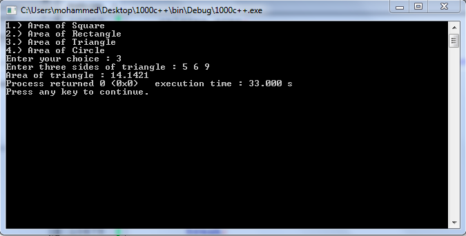 Programmers Area: C++ program to find the area of triangle, rectangle ...