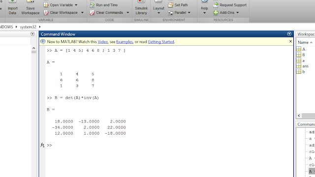 MatlabWorld: INVERSE AND ADJOINT OF A MATRIX USING MATLAB