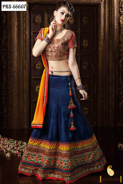 blue yellow color silk designer chaniya ghagra choli for dulhan online collection