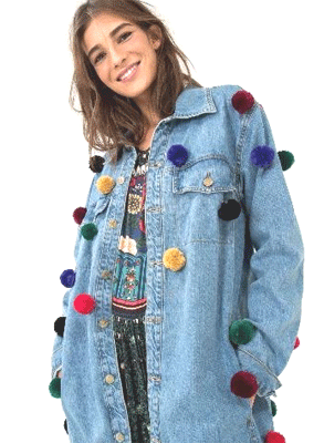 jaqueta jeans com pompom