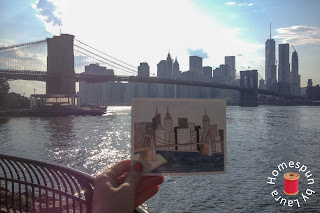 watercolor painting of the Brooklyn Bridge with NYC skyline