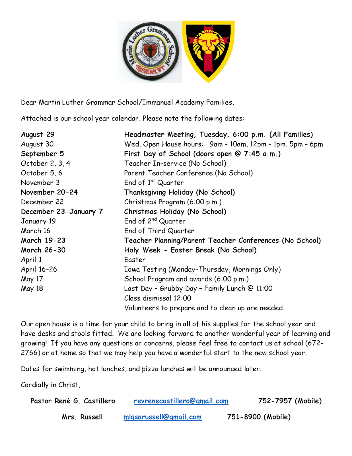 Martin Luther Grammar School, Sheridan, WY MLGS/IA Calendars for 201718