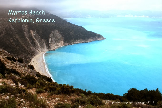Myrtos Beach on the island Kefalonia in the Ionian Islands of Greece. Copyright Liz Alvey 2013