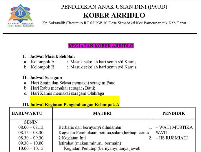 Contoh Jadwal Kegiatan Harian Paud