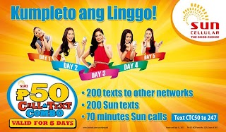Sun CTC50 gives you Call and All net Text for 5 days Sun CTC50 gives you Call and All net Text for 5 days