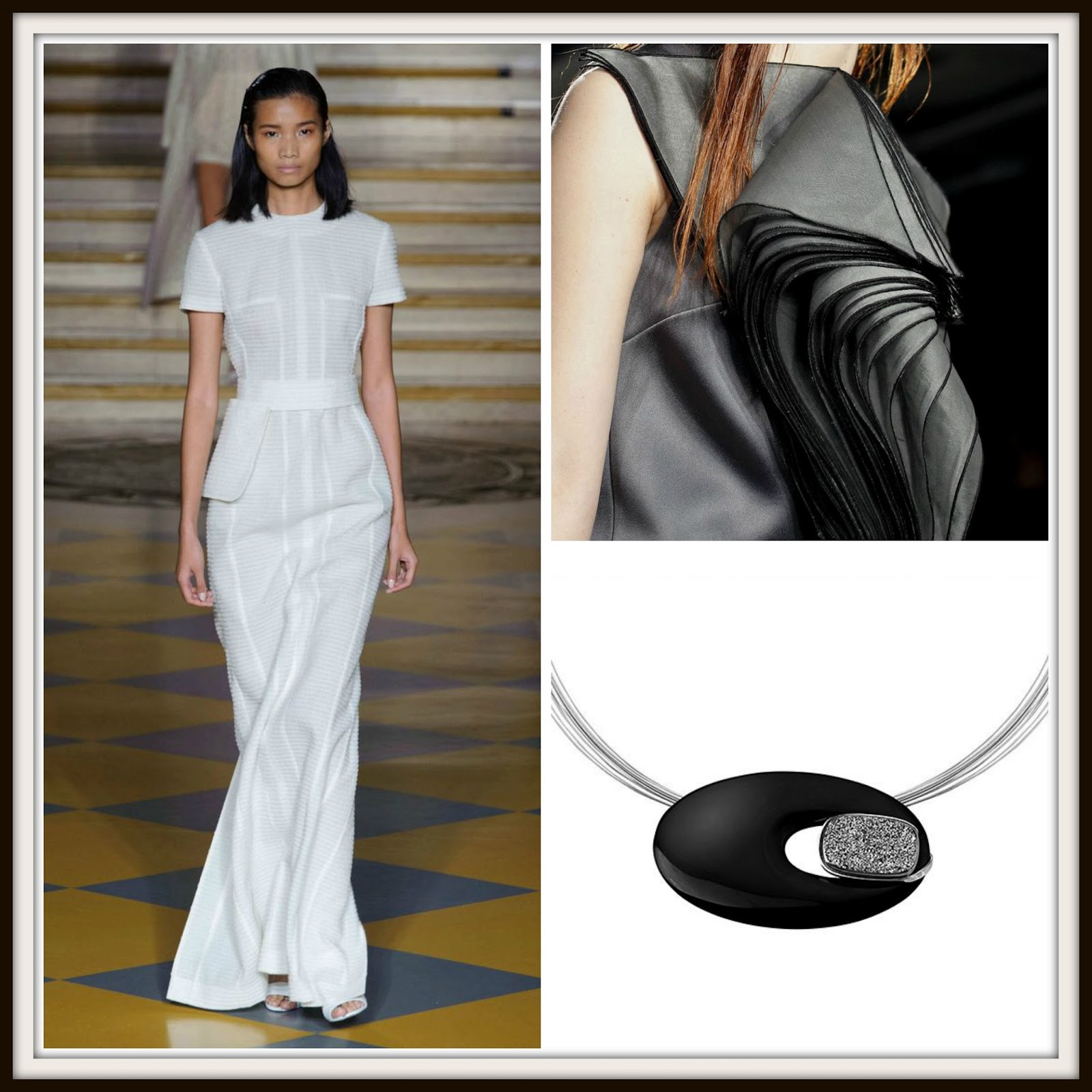 LFW2015, NYFW2015, Emilia Wickstead, black, white, monochrome, black jewelry, white jewelry, statement pendants