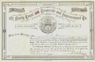 Amity Canal, Reservoir and Improvement Company, share certificate from 1891