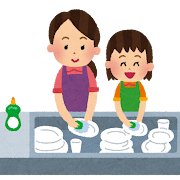 皿洗いをしているお母さんと女の子のイラスト