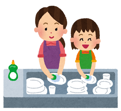 食器洗いをしているお母さんと女の子のイラスト