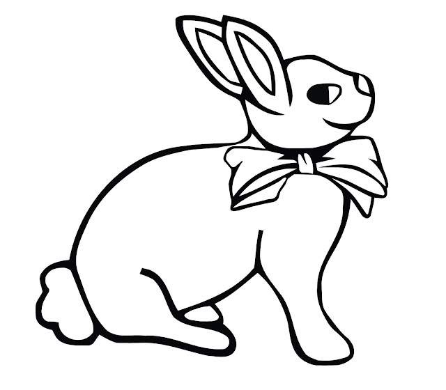 A black and white cartoon drawing of a buny rabbit with cotton tail. For download or print and that kids can colour.