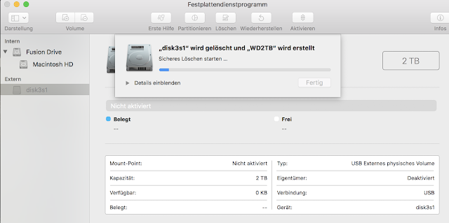 Festplattendienstprogramm MacOS Sicherheitsoptionen Sicheres Löschen läuft Das Sichere Löschen läuft sehr lange, auch schon in der zweiten Option.