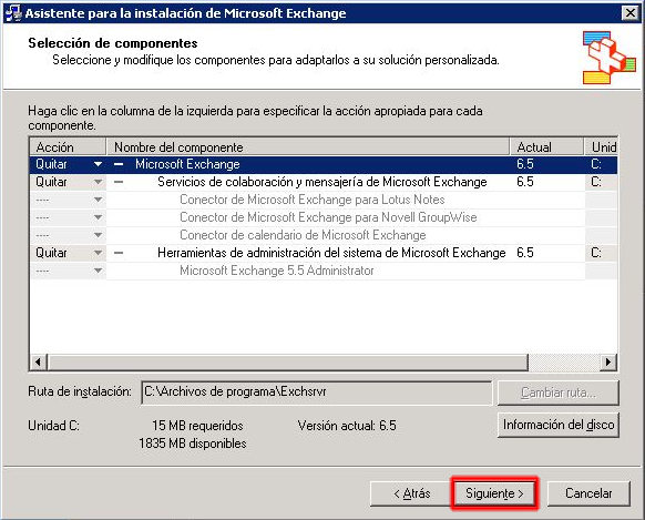 Asistente para la instalación de Microsoft Exchange - Quitar componentes.