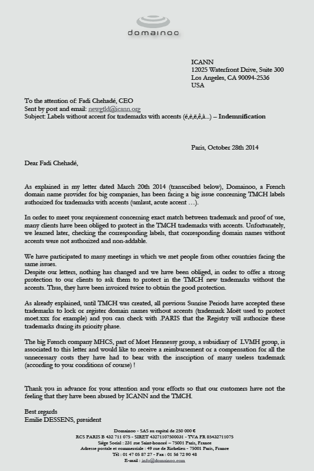 Domainoo Letter to ICANN re TMCH, trademarks
