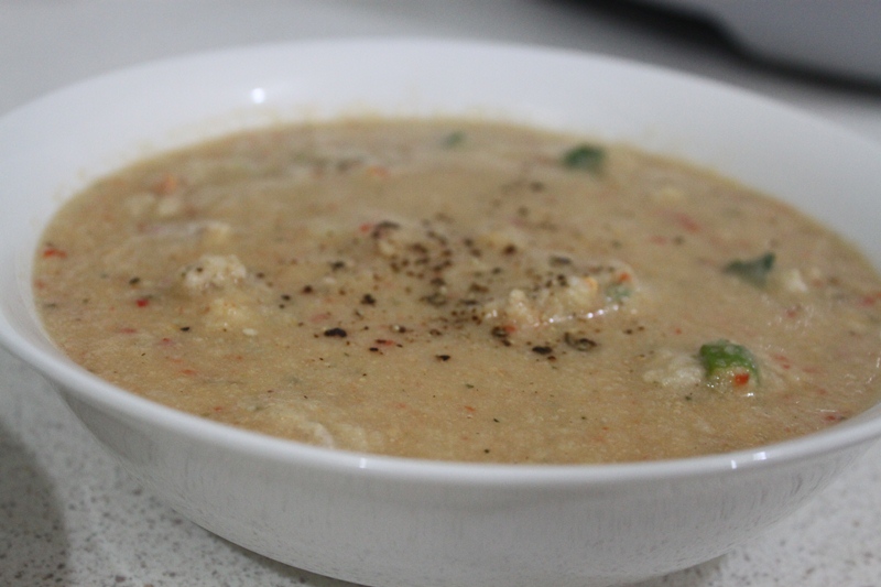 More than Words Cauliflower Nut Butter Chicken Dumpling Soup