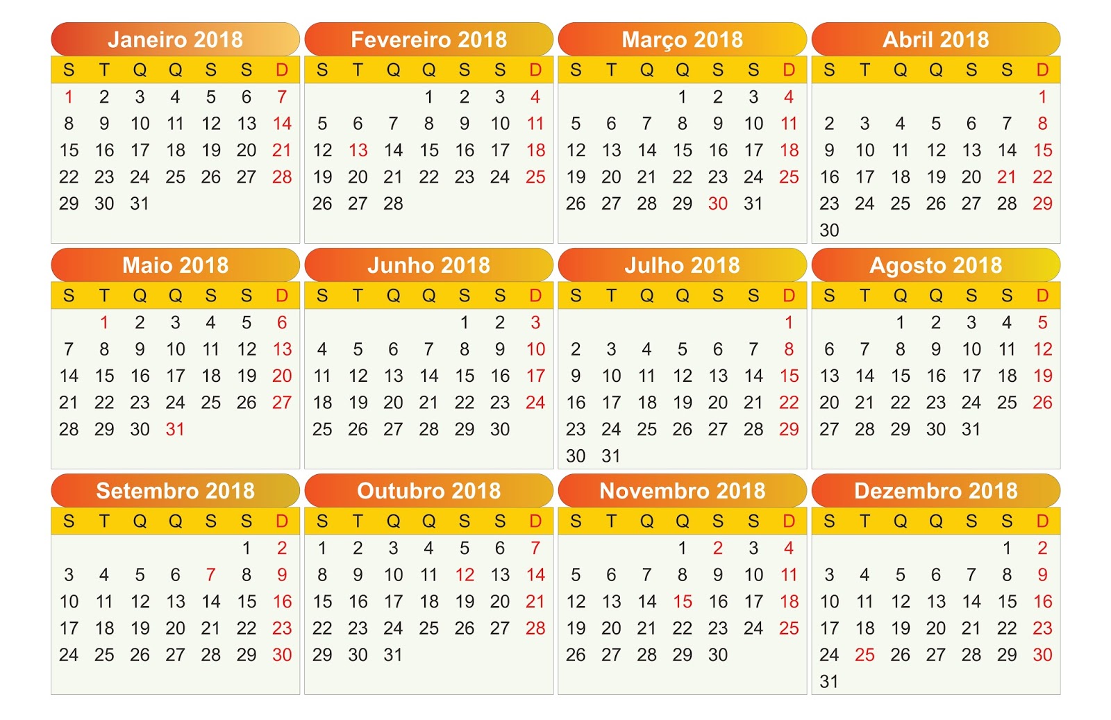 Calendário 2018 Pt-BR CDR,Ai,PDF,PNG e PSD  calendários 
