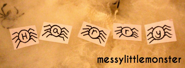 Spider web name recognition activity.  A fun spider and halloween themed name activity for toddlers and preschoolers. 