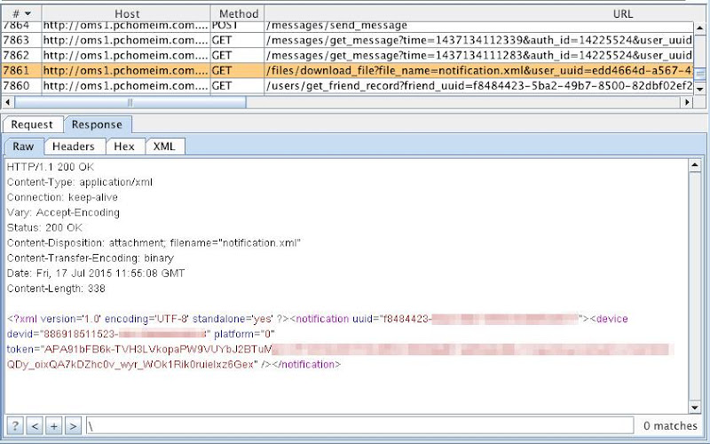 PChome IM主機在收到上述推送需求後,回給PChome IM本機端的資料,其中有被通知者明碼的詳細欄位資訊,DevCore 資訊安全顧問 Anfa Sam 提供 PChome IM主機在收到上述推送需求後,回給PChome IM本機端的資料,其中有被通知者明碼的詳細欄位資訊,DevCore 資訊安全顧問 Anfa Sam 提供