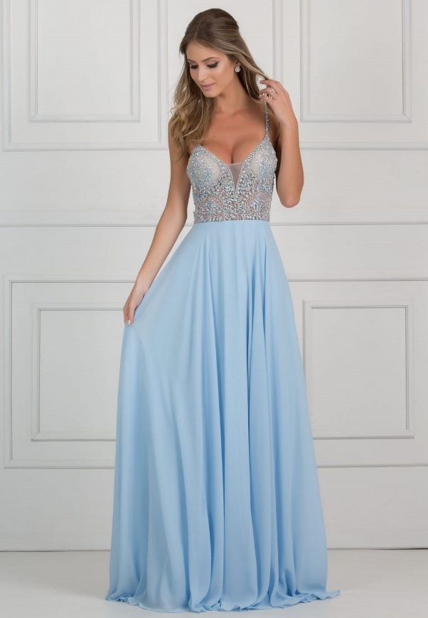vestido de festa azul pastel