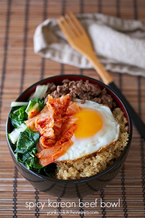 gluten free spicy korean beef bowl with bok choy and kimchi