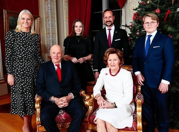 Princess Ingrid Alexandra, Sverre Magnus and Queen Sonja. Crown Princess Mette-Marit wore a white dove bird-print dress