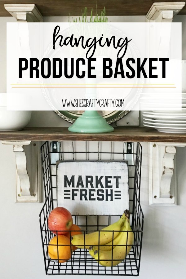 Hanging produce basket.  Metal hanging basket with DIY sign to store fruit.