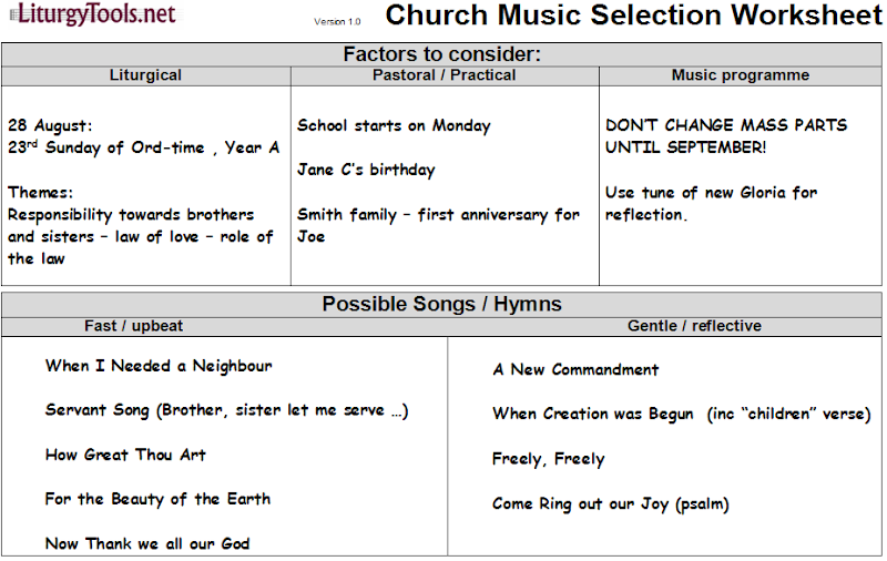 Church service music selection worksheet