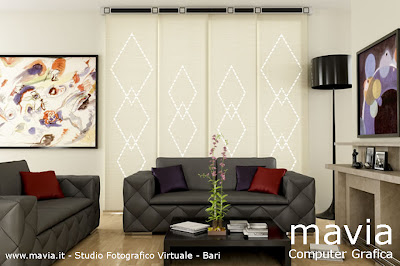 Grafica 3d - rendering ambientazione interno salotto con divani, caminetto marmo,pavimento parquet per tende a pannelli con disegni
