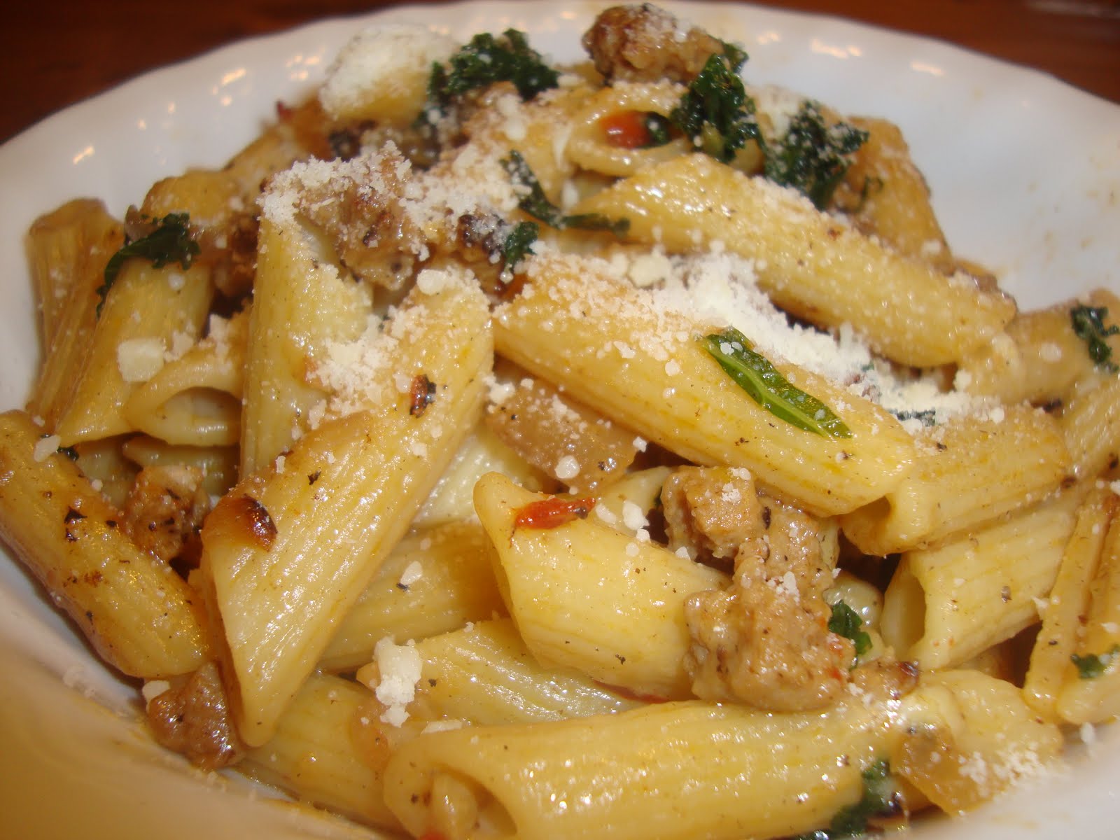 Good Food Good Fun Pasta with Italian Turkey Sausage, Peppers, and Kale
