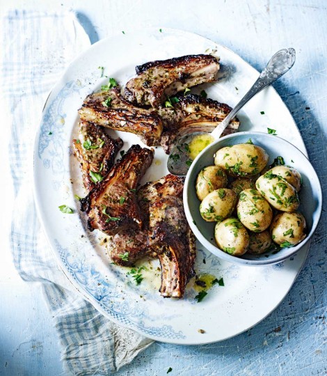 Coriander and pomegranate lamb cutlets with jersey royals