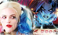 An image with Margot Robbie as Harley Quinn being compared with a picture from the comic books