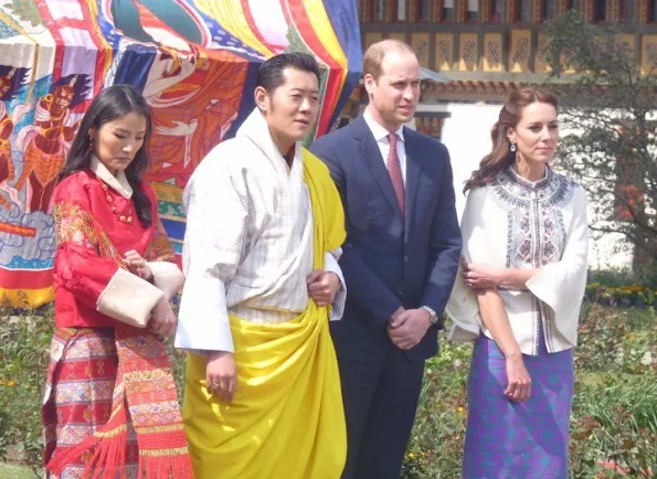 Prince William and Kate Middleton, King Jigme Khesar Namgyel Wangchuck and Queen Jetsun Pema in Thimphu. Kate Middleton wore PAUL and JOE Embroidered Wool Cape