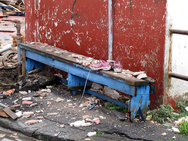 Bench amid rubble (with shoes), Livorno