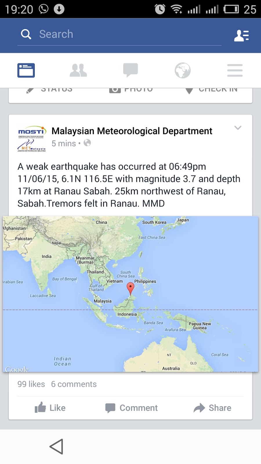 Gegaran Gempa Bumi Ranau Sabah 11 Jun 2015