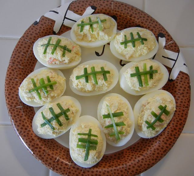 Deviled Egg Footballs with Crab Healthy Football Party Tailgate Super Bowl Snacks