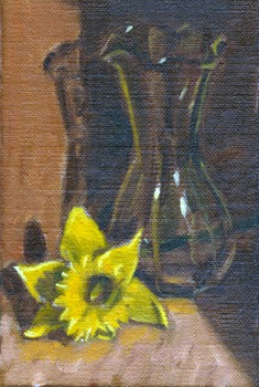 Oil painting of a yellow daffodil lying beside a glass vase.