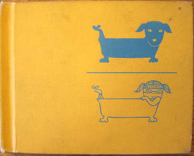 Yellow cover with blue printed illustrations of a girl in a bathtub and a dog