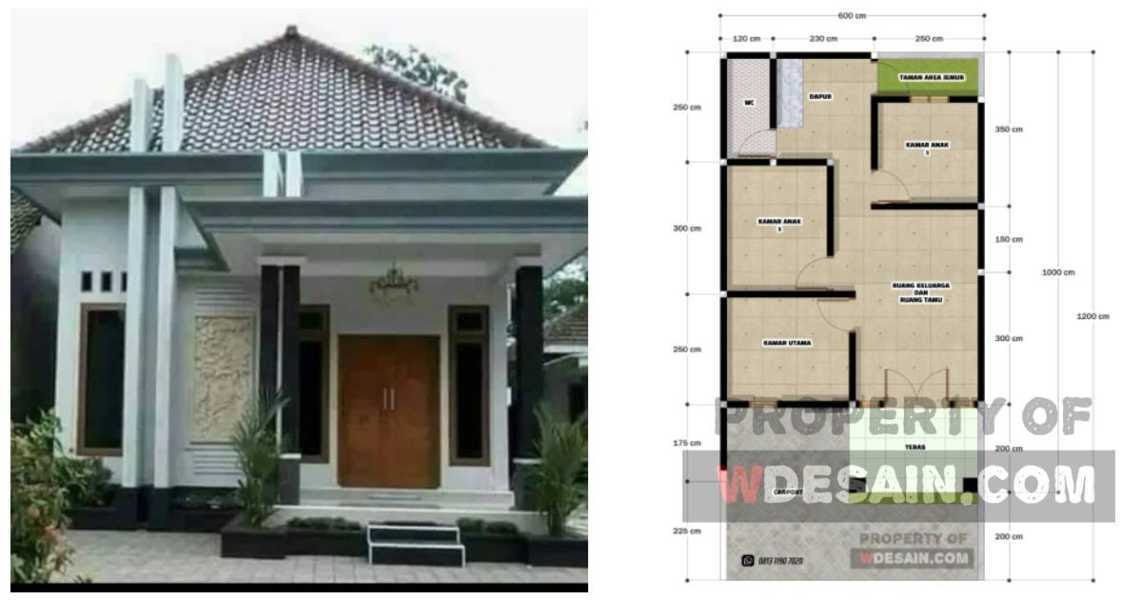 Desain Rumah 6x12 3 Kamar 1 Garasi dan Taman Belakang