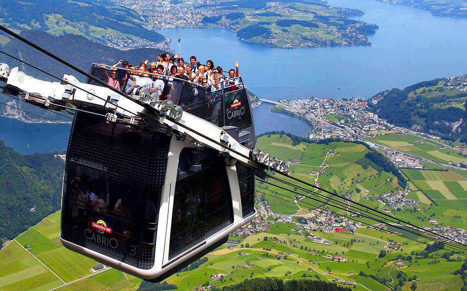 Cabrio Cable Car in Swiss Alps. World’s first DoubleDecker ropeway